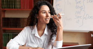 Woman using voice search in 2024. Showing the importance of SEO