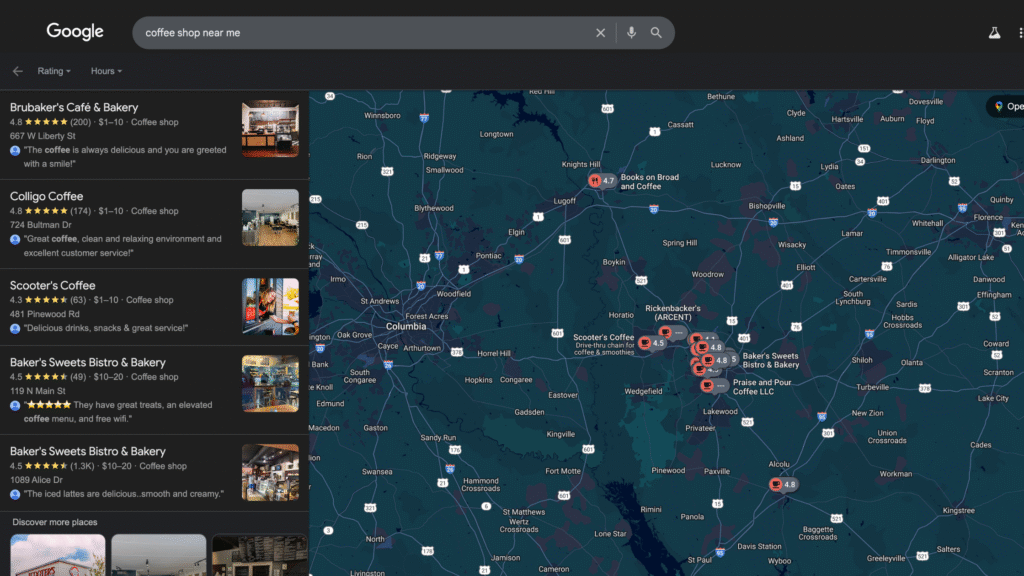 Google local map pack screenshot showing search results for how to rank for near me searches