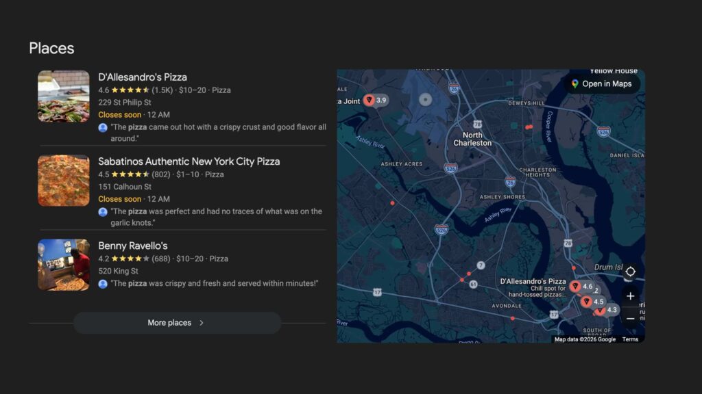 Google map pack showing three local business listings in search results